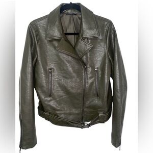 T TAHARI Olive Green Moto Jacket Faux Leather M NWT